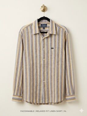 EUC Faconnable Striped Linen Button-Down in Yellow, Gray & Cream